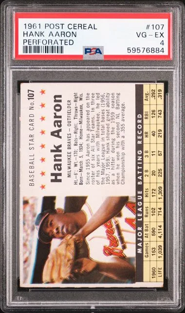 1961 Post Cereal Perforated Hank Aaron #107 card image
