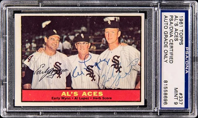 1961 Topps Al's Aces Early Wynn/Al Lopez/Herb Score Multi-Signed #337 card image
