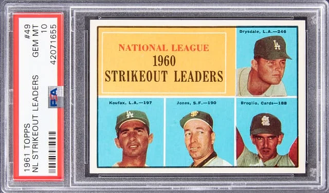 1961 Topps Don Drysdale/Sandy Koufax/Sam Jones/Ernie Broglio NL Strikeout Leaders #49 card image