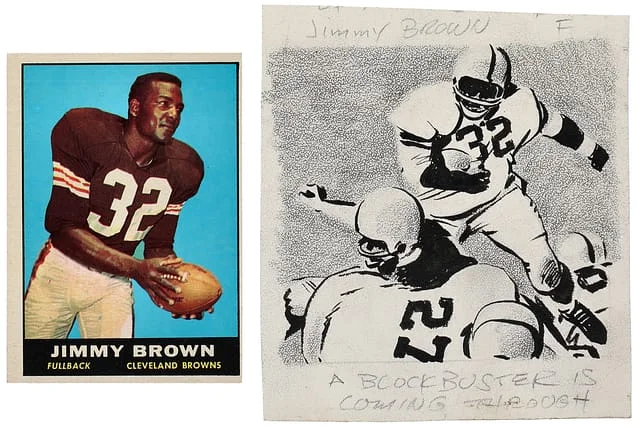 1961 Topps Jim Brown Original Art Rendering of Cardback Design, with Finished Card (2 Items) #71 card image
