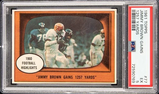 1961 Topps Jim Brown/Jimmy Brown Gains 1,257 Yards #77 card image