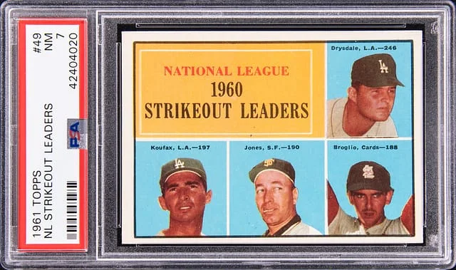 1961 Topps Koufax, Drysdale, Jones, Broglio NL Strikeout Leaders #49 card image