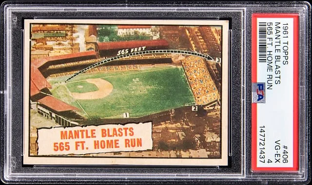 1961 Topps Mantle Blasts 565 Foot Home Run #406 card image