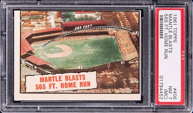 1961 Topps Mantle Blasts 565 Ft. Home Run #406 card image