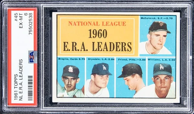 1961 Topps McCormick/Broglio/Drysdale/Friend/Williams NL E.R.A. Leaders #45 card image