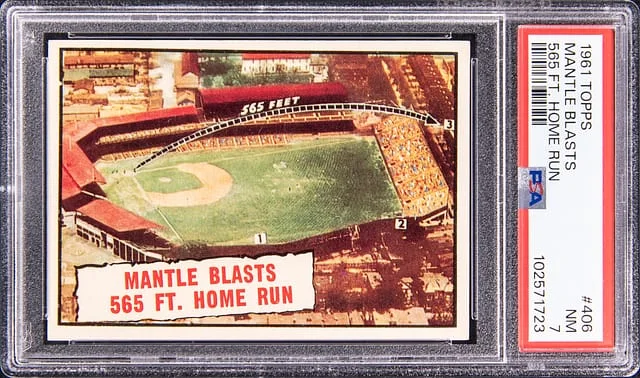 1961 Topps Mickey Mantle Blasts 565 Ft. Home Run #406 card image