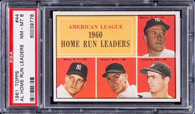 1961 Topps Mickey Mantle/Roger Maris/Bob Lemon/Rocky Colavito AL Home Run Leaders #44 card image