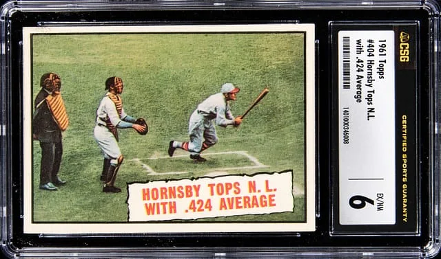 1961 Topps Rogers Hornsby Hornsby Tops N.L. With .424 Average #404 card image