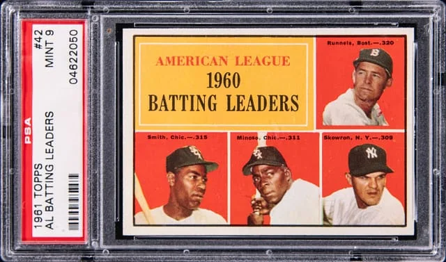1961 Topps Runnels/Smith/Minoso/Skowron AL Batting Leaders #42 card image