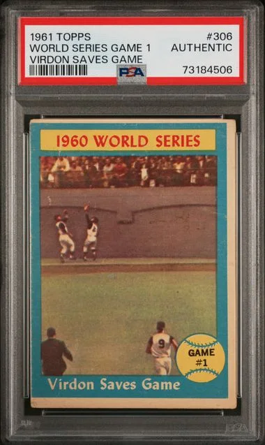 1961 Topps World Series Game 1 Virdon Saves Game #306 card image