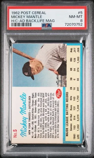 1962 Post Cereal Hand Cut Ad Back Life Magazine Mickey Mantle #5 card image