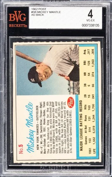 1962 Post Cereal Hand Cut-Ad Back,Life Mag Mickey Mantle #5 card image