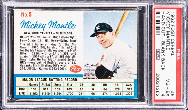 1962 Post Cereal Hand Cut Blank Back Mickey Mantle #5 card image