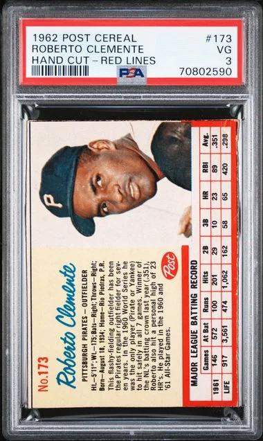 1962 Post Cereal Hand Cut-Red Lines Roberto Clemente #173 card image