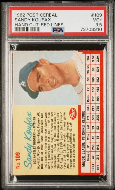 1962 Post Cereal Hand Cut-Red Lines Sandy Koufax #109 card image