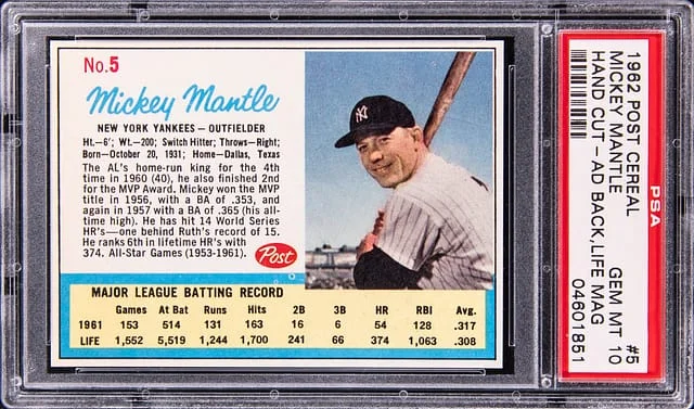 1962 Post Cereal Mickey Mantle, Hand Cut, Ad Back, Life Magazine #5 card image