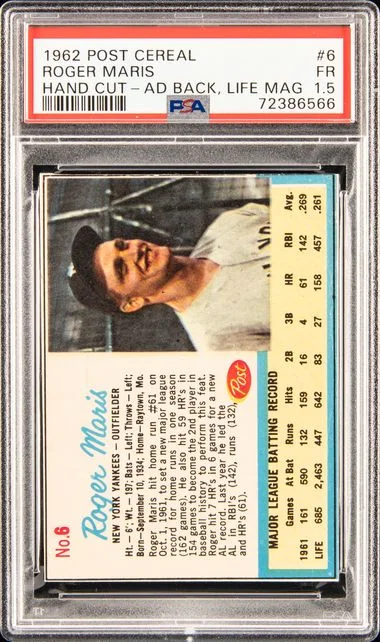 1962 Post Cereal Roger Maris #6 card image