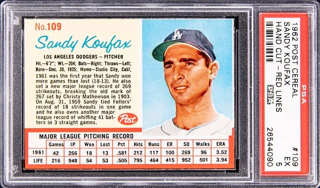 1962 Post Cereal Sandy Koufax, Hand Cut-Red Lines #109 card image