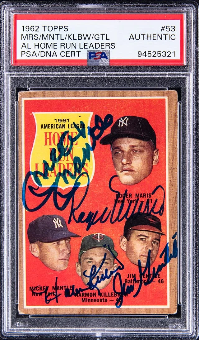 1962 Topps AL Home Run Leaders Mantle/Maris/Killebrew/Gentile Multi-Signed #53 card image