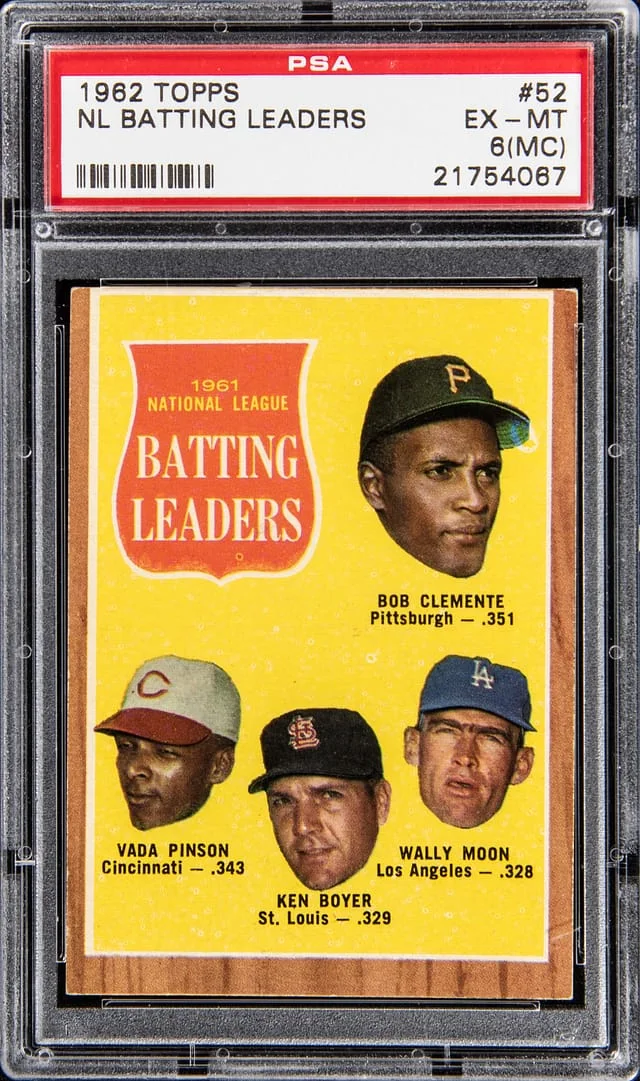 1962 Topps Bob Clemente, Vada Pinson, Ken Boyer, Wally Moon NL Batting Leaders #52 card image