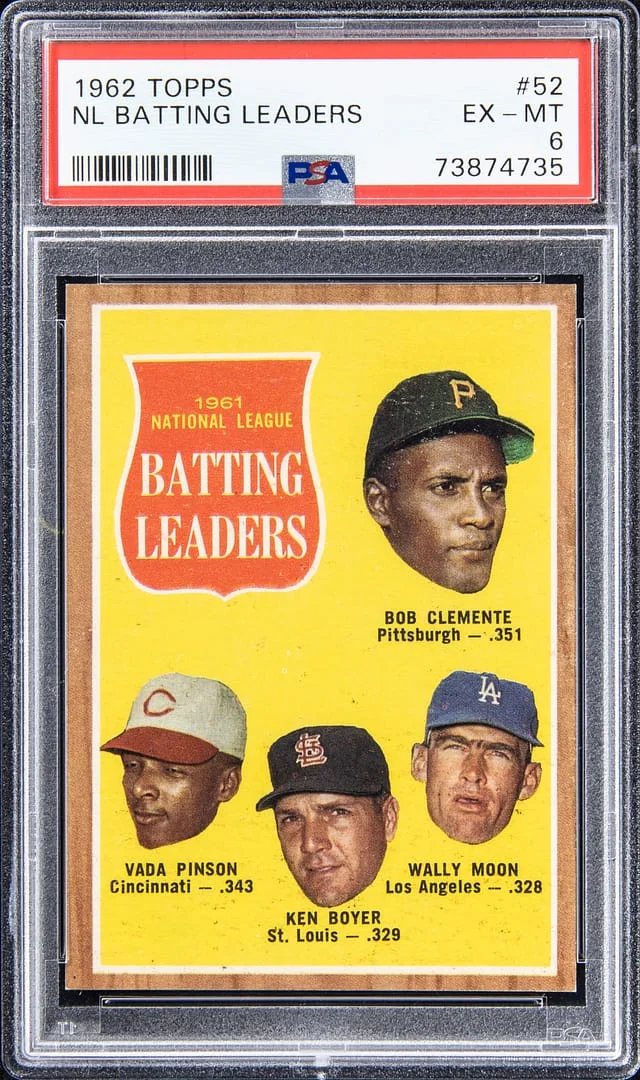 1962 Topps Clemente/Pinson/Boyer/Moon N.L. Batting Leaders #52 card image