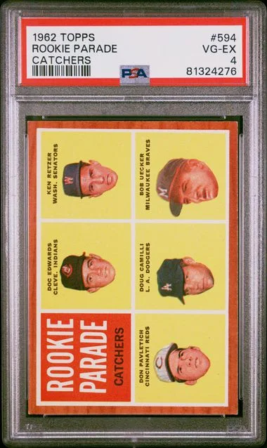 1962 Topps D.Edwards/K.Retzer/D.Pavletich/D.Camilli/B.Uecker Catchers Parade #594 card image