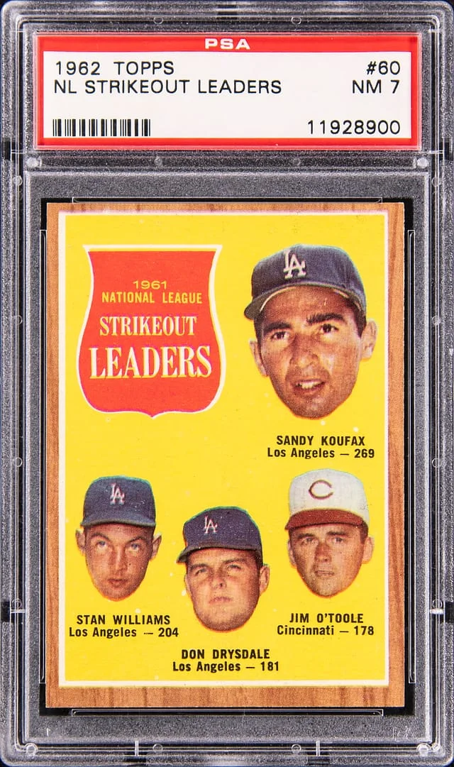 1962 Topps Koufax, Williams, Drysdale, O'Toole NL Strikeout Leaders #60 card image