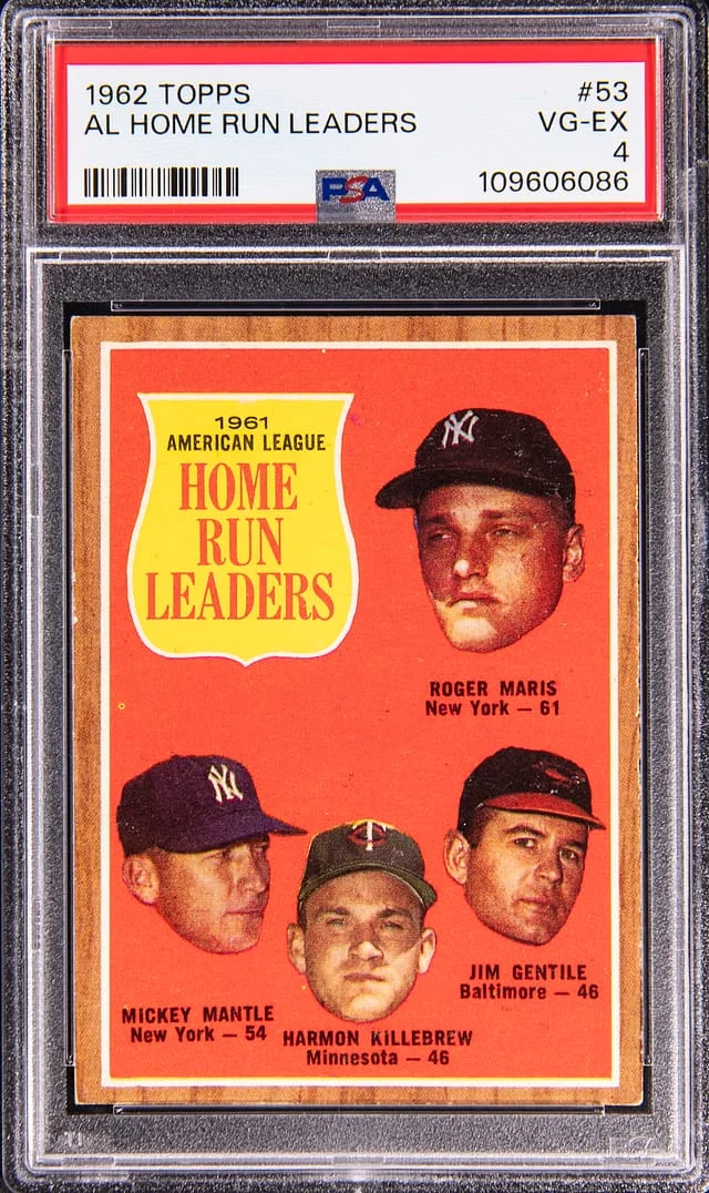 1962 Topps Mantle/Maris/Killebrew/Gentile AL Home Run Leaders #53 card image