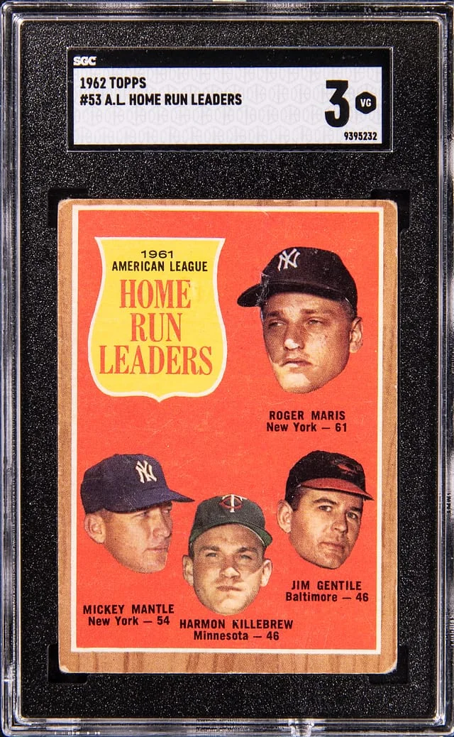 1962 Topps Maris/Mantle/Killebrew/Gentile A.L. Home Run Leaders #53 card image
