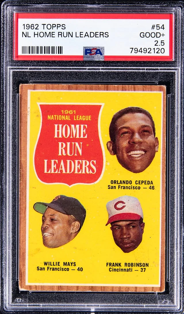 1962 Topps Mays/Robinson/Cepeda NL Home Run Leaders #54 card image