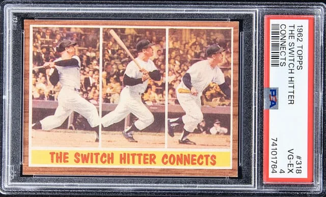 1962 Topps Mickey Mantle The Switch Hitter Connects #318 card image