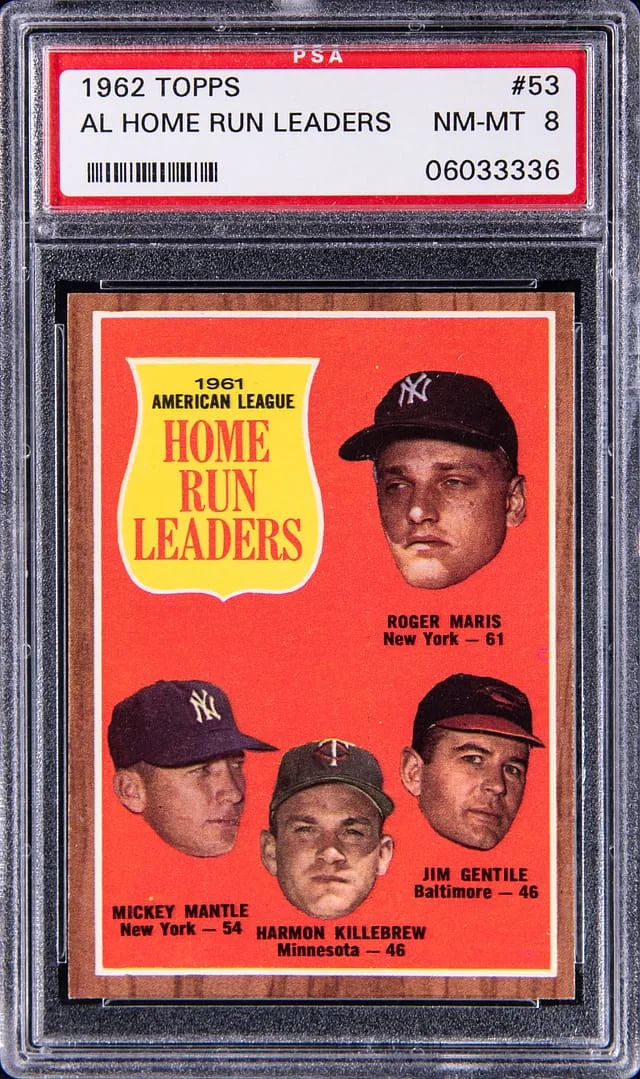 1962 Topps Mickey Mantle/Roger Maris/Jim Gentile/Harmon Killebrew AL Home Run Leaders #53 card image