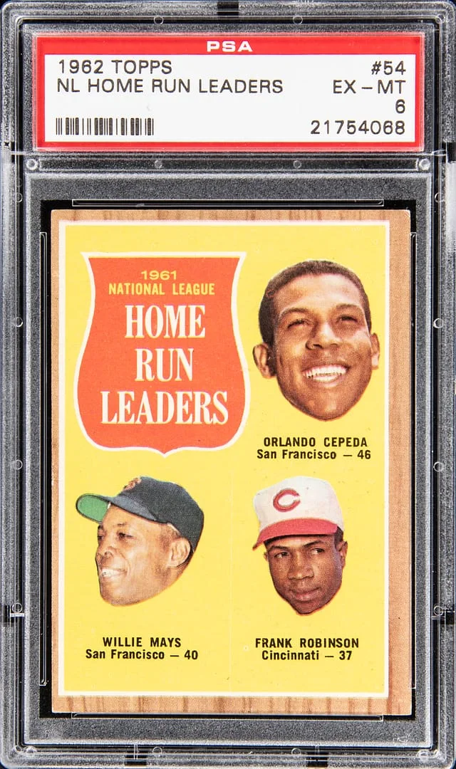 1962 Topps Orlando Cepeda, Willie Mays, Frank Robinson NL Home Run Leaders #54 card image