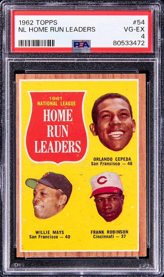 1962 Topps Orlando Cepeda/Willie Mays/Frank Robinson 1961 Home Run Leaders #54 card image