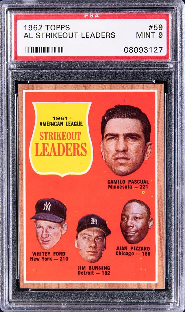 1962 Topps Pascual/Ford/Bunning/Pizzaro 1961 A.L. Strikeout Leaders #59 card image