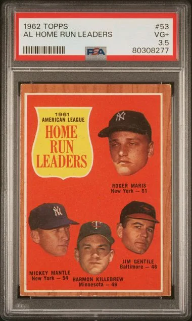 1962 Topps R.Maris/J.Gentile/H.Killebrew/M.Mantle A.L Home Run Leaders #53 card image