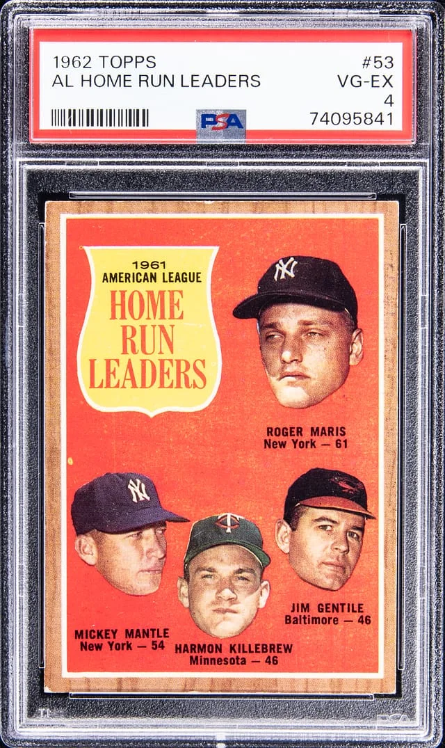 1962 Topps Roger Maris, Mickey Mantle, Harmon Killebrew, Jim Gentle AL Home Run Leaders #53 card image
