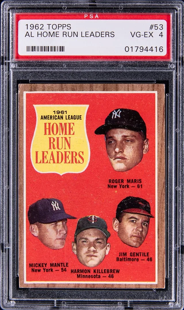 1962 Topps Roger Maris/Jim Gentile/Harmon Killebrew/Mickey Mantle AL Home Run Leaders #53 card image