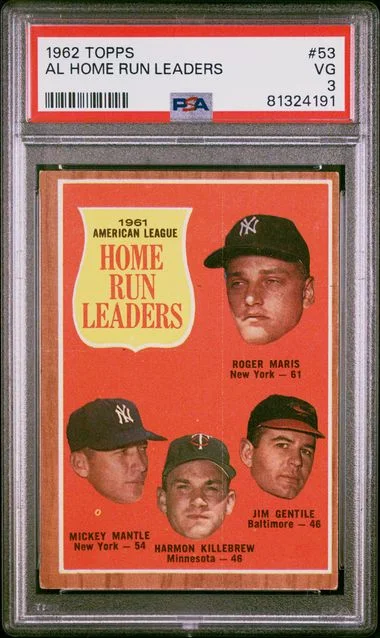 1962 Topps Roger Maris/Mickey Mantle/Harmon Killebrew/Jim Gentile AL Home Run Leaders #53 card image
