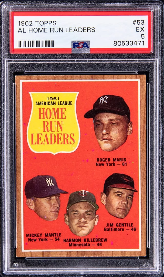 1962 Topps Roger Maris/Mickey Mantle/Harmon Killebrew/Jim Gentle 1961 AL Home Run Leaders #53 card image