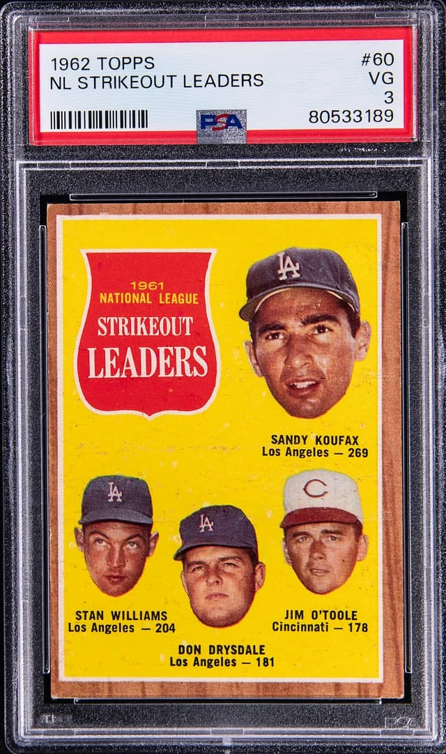 1962 Topps Sandy Koufax/Stan Williams/Don Drysdale/Jim O'Toole 1961 N.L. Strikeout Leaders #60 card image