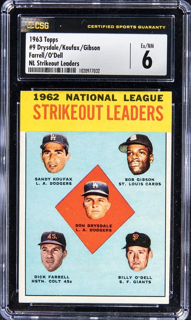 1963 Topps Drysdale/Koufax/Gibson/Farrell/O'Dell NL Strikeout Leaders #9 card image