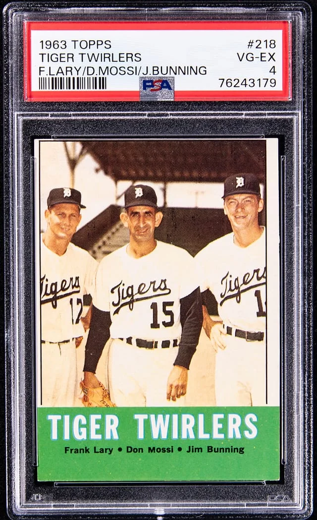 1963 Topps Frank Lary, Don Mossi, Jim Bunning Tiger Twirlers #218 card image