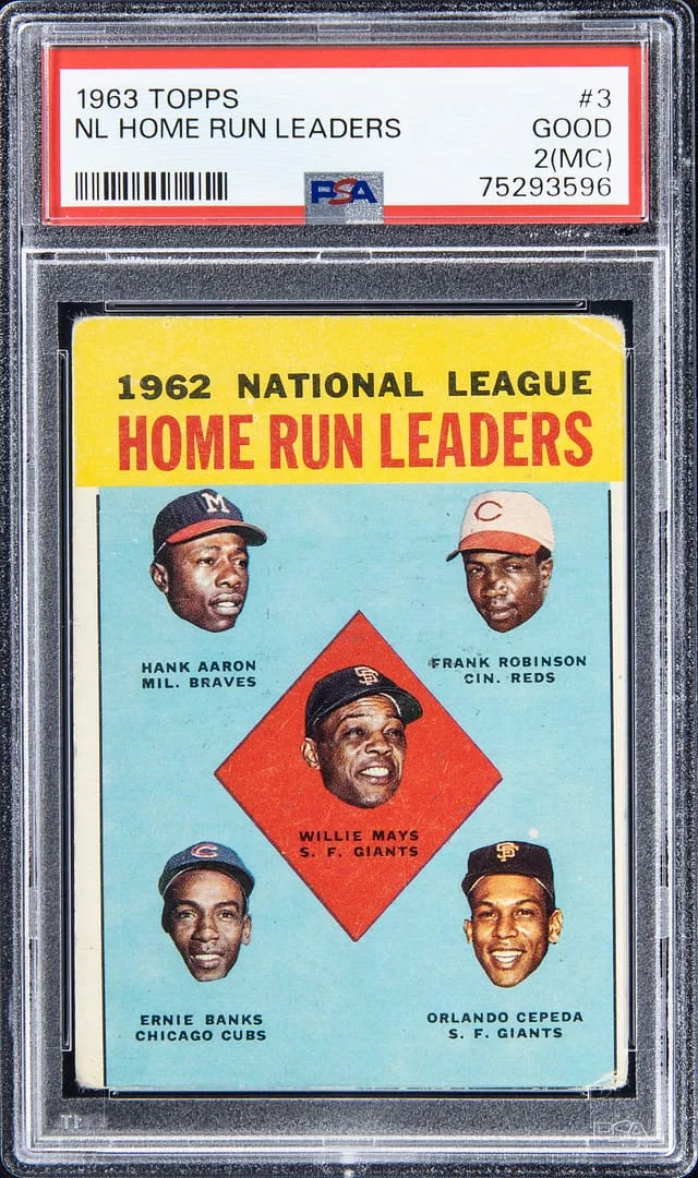 1963 Topps Hank Aaron/Frank Robinson/Ernie Banks/Orlando Cepeda National League Home Run Leaders #3 card image