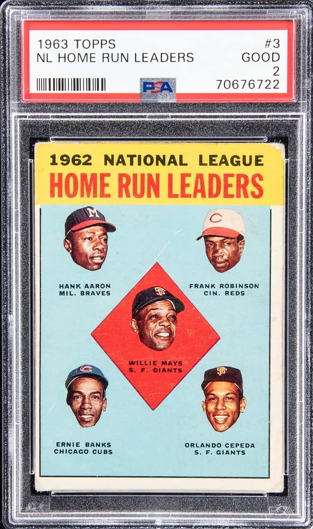 1963 Topps Hank Aaron/Willie Mays/Frank Robinson/Ernie Banks/Orlando Cepeda 1962 National League Home Run Leaders #3 card image
