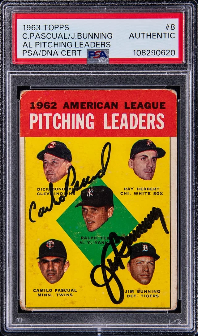 1963 Topps Jim Bunning/Camilo Pascual AL Pitching Leaders #8 card image