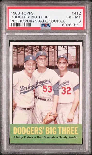 1963 Topps Johnny Podres/Don Drysdale/Sandy Koufax Dodgers Big Three #412 card image