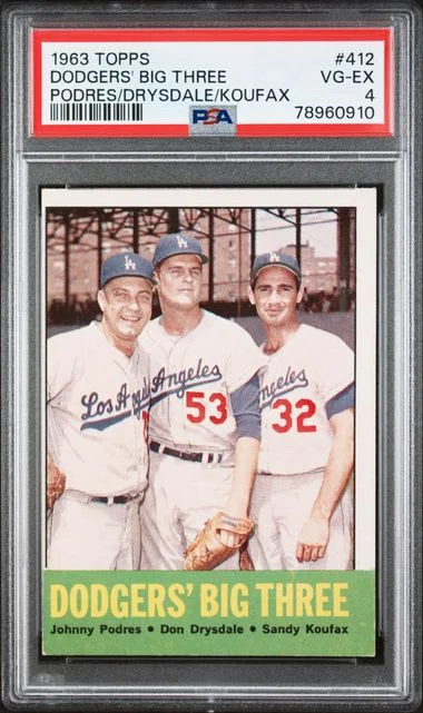1963 Topps J.Podres/D.Drysdale/S.Koufax Dodgers' Big Three #412 card image