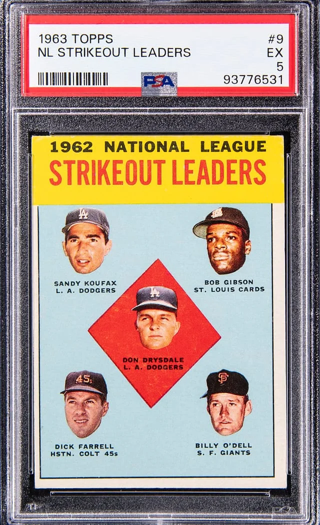 1963 Topps Koufax, Gibson, Drysdale, Farrell, O'dell NL Strikeout Leaders #9 card image