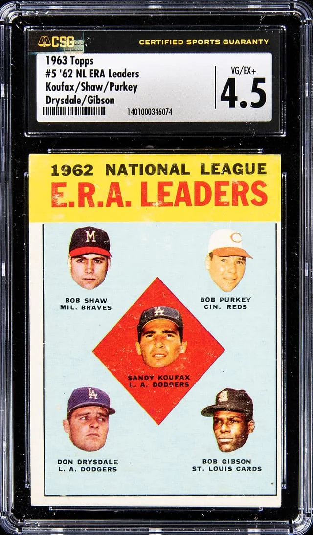 1963 Topps Koufax/ Shaw/Purkey/Drysdale/Gibson NL ERA Leaders #5 card image